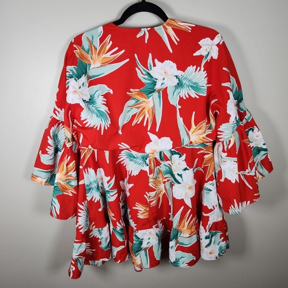 Umgee Shirt Womens S Red Floral V Neck 3/4 Sleeve Tunic Blouse Flutter Ruffle - Picture 5 of 8